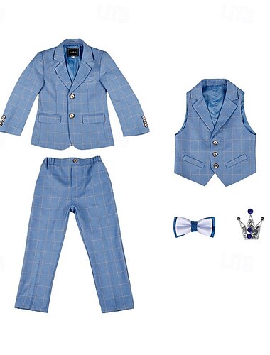 3/4/5 Stück Ring-Träger Anzug Jungen kinderkleidung Anzug Formeller Anzug Blazer & Weste & Hosen Formal Party Valentinstag Modisch Cool Plaid Tasche Blau Polyester