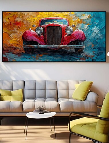  キャンバスに描かれた手作りのオリジナルカラフルな車の油絵。抽象的なレースカーの壁アート。室内装飾用。枠なしの枠付き。
