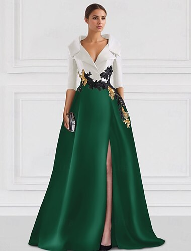  A-Linien Abendkleid Elegantes Kleid Smoking Kleid Formelles Bodenlänge Halber Ärmel Hemdkragen Champagner Brautmutter Kleid Satin mit Schlitz Stickerei Applikationen 2025
