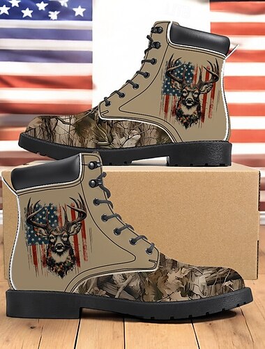  Botas de caza para hombre con estampado patriótico de ciervos: calzado de exterior duradero con cordones y estampado de camuflaje