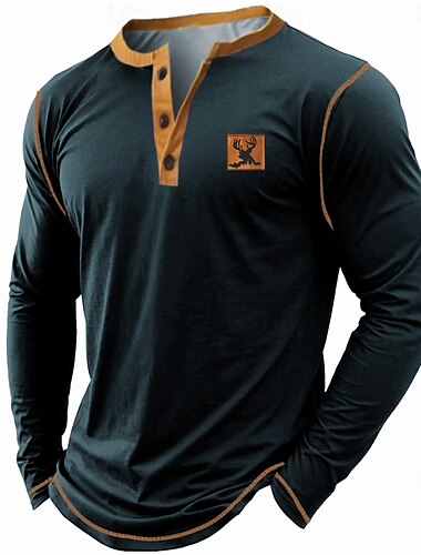  Pánské Zvíře Jelen Tričko Henley Dlouhý rukáv tričko 3D tisk Henley Košile Retro Kovbojské Ležérní Denní Dovolená Černá Armádní zelená Tmavomodrá Léto Jaro Podzim Oblečení Běžný S M L XL XXL XXXL