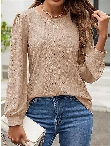  Women's Shirt Blouse Solid Color Basic Casual Long Sleeve Crew Neck Regular Tops Daily Eyelet Pink Green Khaki Fall Winter