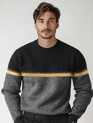  Herr Pullover tröja Sticka Färgblock Rund hals Stickat Elegant Jul Utomhus Kläder Höst Vinter Svart Rubinrött S M L