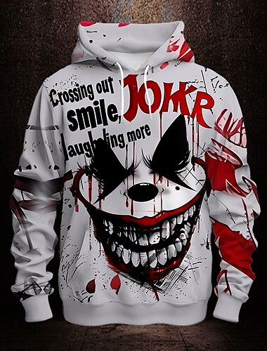  Hombre bufón Payaso Sudaderas Sudadera Abrigos Sudadera con capucha Cuello Barco Moda Impresión 3D Fiesta Festivos Ropa de calle Blanco Correa Otoño Invierno Diseñador