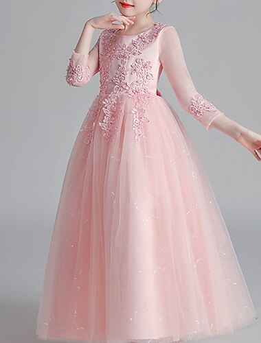  Flower Girl Dress Kid's Girls' Princess Dress Performance Wedding Party Elegant Beautiful Mesh Solid Color Long Sleeve Crew Neck Wine Red White 4 years+