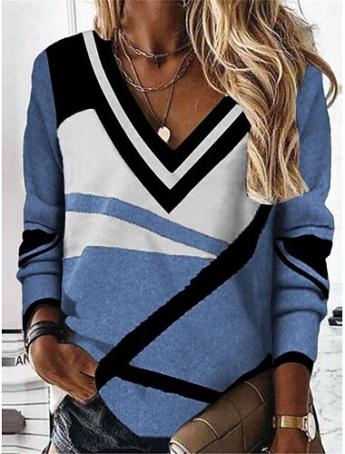  Damen T Shirt Geometrisch Modisch Modern Brautkleider schlicht Langarm V Ausschnitt Normale Oberteile Täglich Wochenende Bedruckt Rote Blau Grau Herbst Winter