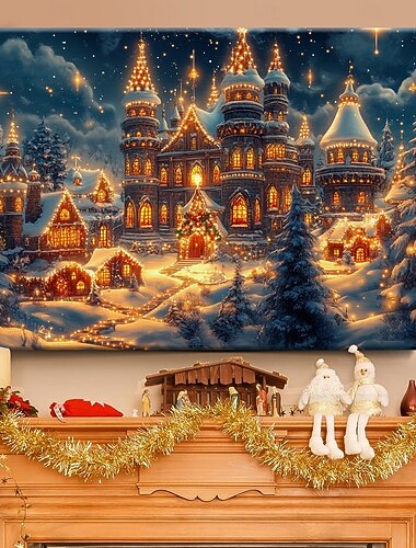  Arte de pared de lienzo con luz LED de pueblo de nieve, decoración de pared con luz LED, impresión en lienzo iluminada con funcionamiento a batería de 2aa, luz LED para cocina, dormitorio o
