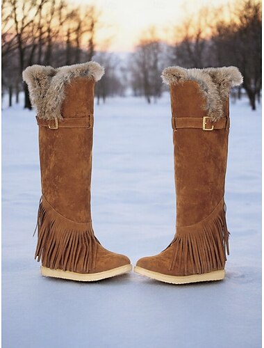  Botas de invierno tipo mocasín de ante verde para mujer con forro de piel y detalle de flecos: cómodas botas de nieve hasta la rodilla para climas fríos