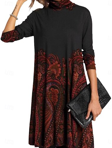  Damen Freizeitkleid Blumendruck Rollkragen Midikleid elegant lässig Zuhause Alltag Sommer Herbst