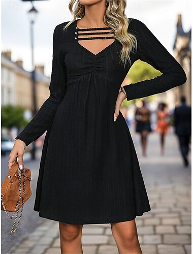  robe noire Robe casual Robe Trapèze Femme Mini robe Ouvert Sport & Loisir Plein Air Décontractées Col V manche longue Standard Noir M L XL