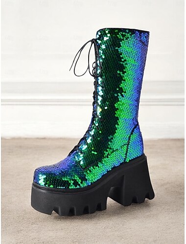  Dames veterschoenen met pailletten en platform – groene en blauwe glanzende laarzen met dikke hak voor feesten, festivals en cosplay