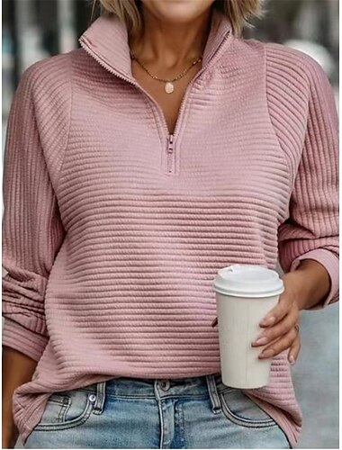  felpa da donna casual strutturata semplice strada abbigliamento quotidiano dolcevita cerniera manica lunga bianco rosa grigio autunno inverno