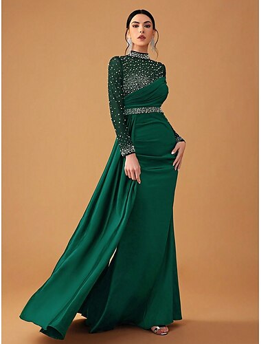  Meerjungfrau/Trompete Abendkleid Vintage Kleid formelle Hochzeit bodenlang Langarm quadratischer Ausschnitt Champagner Mutter der Braut Kleid Satin mit Glitzerperlen 2025