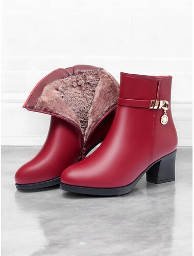  Schwarze Stiefeletten für Damen - Kunstleder mit Plüschfutter, seitlichem Reißverschluss und Blockabsatz für Wintermode und Freizeitkleidung