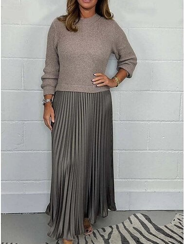  Robe en maille Robe casual Robe Trapèze Femme Mini robe A côtes Sport & Loisir Plein Air Décontractées Col Ras du Cou manche longue Standard Kaki S M L XL 2XL