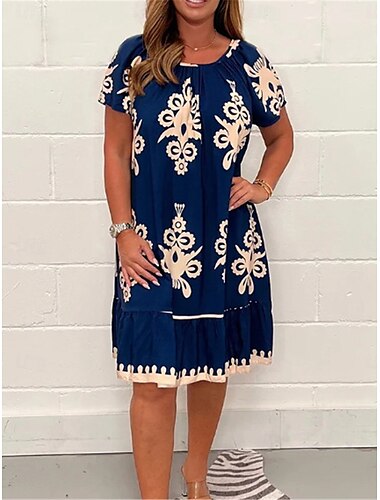  Damen Blumen Rundhals Minikleid Kurzarm Frühling Herbst