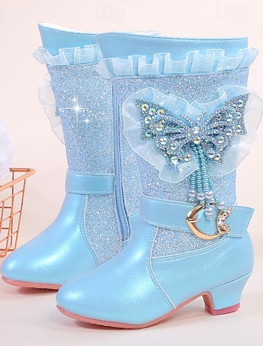  bottes d'hiver à paillettes pour filles avec doublure en fausse fourrure - modèle mi-mollet bleu avec décor en strass papillon et fermeture à glissière latérale