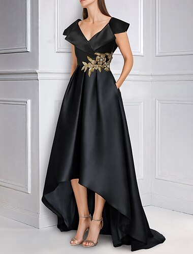  Robe de soirée trapèze élégante robe formelle asymétrique à manches courtes col en V automne mariage invité satin avec plis appliques 2025