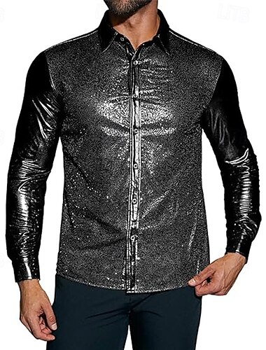  Retro Vintage 1970er 1980er Hemd Disco Glänzend Matallic Pailletten Herren Karnevalskostüm Halloween Karneval Maskerade Leistung Party Club Erwachsene Hemd