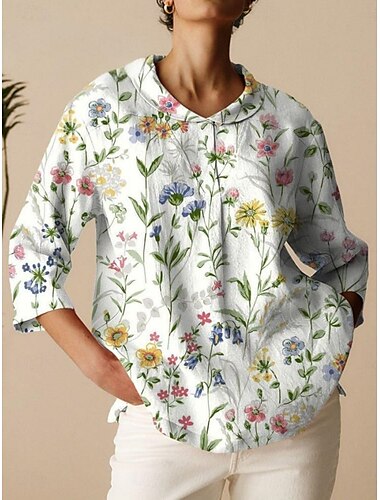  Per donna Camicia Blusa Floreale Essenziale Informale Manica a 3/4 Colletto Top regolari Giornaliero Bottoni Stampa Bianco Verde Cachi Autunno Inverno