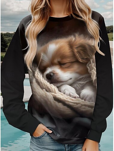  Jersey de mujer de poliéster con estampado de animales y perros, ropa de uso diario, informal, a la moda, cuello redondo, manga larga, microelástico, otoño e invierno, cómodo, transpirable, tejido