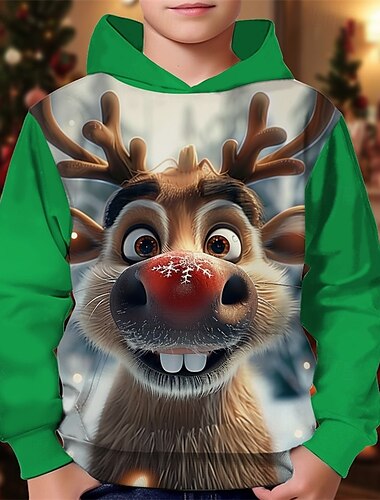  Jungen 3D Graphic Hirsch Weihnachts-Kapuzenshirt Kapuzenshirt Langarm Frühling Herbst Modisch Strassenmode kinderkleidung 4-12 Jahre Mit Kapuze Outdoor Casual Täglich Regular Fit