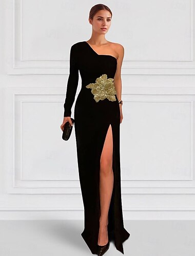  Robe de soirée trapèze élégante, longueur au sol, manches longues, une épaule, crêpe extensible avec appliques de broderie fendues, 2025