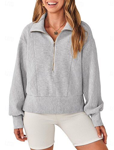  Women's Sweatshirt Casual Plain Street Dailywear Turtleneck Zipper Long Sleeve White Green Gray Fall Winter