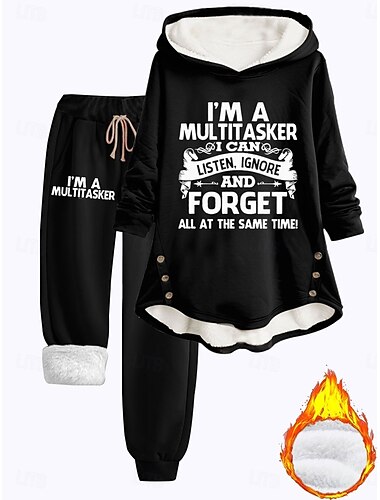  Damen 2-teiliges Daily Hoodie Fleece-Hosen Set Langarm Kapuze Buchstaben Kordelzug Druck Casual Schwarz Dunkelrosa Grau Herbst Regulär Fit