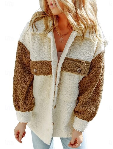  Per donna Cappotto teddy Giacca con cappuccio Tenere al caldo Traspirante Tasche In pile Informale Liscio Da mare Strada Da tutti i giorni Per uscire Monopetto Standard Collo ripiegabile Standard