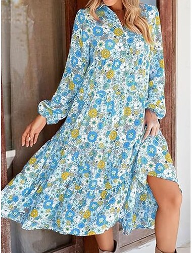  Damen Midikleid Casual kleid Schaukelkleid Brautkleider schlicht Täglich Regular Fit Blumen Langarm Hemdkragen Blau Grün Khaki Sommer Frühling Herbst