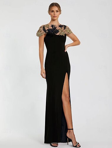  robe de soirée fourreau élégante robe formelle longueur au sol manches courtes col illusion crêpe extensible avec appliques de broderie fendues 2025