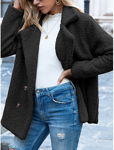  Damen Fleecejacke Teddy-Mantel warm halten Atmungsaktiv Tasche Innenfutter aus Fleece Brautkleider schlicht Glatt Urlaub Strasse Freizeitskleidung Ausgehen Doppelreihiger Verschluss Standard