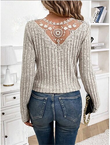  Γυναικεία Πολυτελής Δαντελένια Μπλούζα Eyelet Μπλούζα Μόδα Σύγχρονη Καθημερινή Απλή Κανονική Μπλούζα Μακριά Μανίκια V Λαιμό Κανονική Εφαρμογή Καθημερινά Σαββατοκύριακα Ρομαντική Μικρόσωμες Μπλούζες