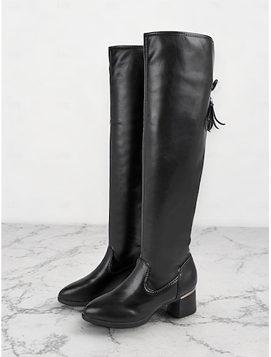  bottes noires en similicuir au-dessus du genou pour femmes avec talon bloc – bottes cuissardes élégantes pour la mode hivernale et les tenues de soirée