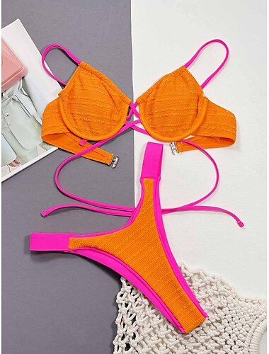  Damen Badeanzug Bikinis 2 Stück Tanga-Bikinihose Bademode Rückenfrei Schlank Urlaub Strandbekleidung Feste Farbe V Ausschnitt Ärmellos Badeanzüge