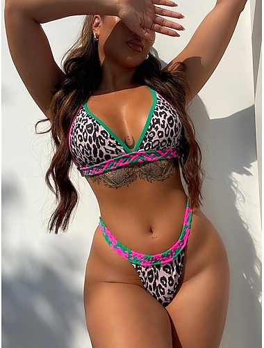  Dames Zwemkleding Bikini 2 stuks Brutaal Zwempak Blote rug Slank Vakantie Strand Kleding Luipaard V-hals Mouwloos Badpakken