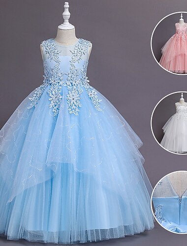  Vestido de Niña Florista niños Chica vestido de princesa Rendimiento Boda Fiesta Elegante Hermosa Malla Color sólido Sin Mangas Cuello Barco Blanco Rosa 4 años +