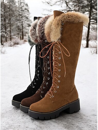  Botas altas hasta la rodilla con cordones de ante sintético para mujer y puños de piel sintética: elegante calzado de invierno con suela gruesa