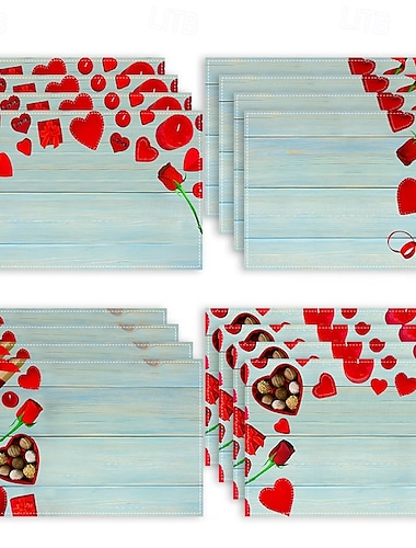  Juego de 4 manteles individuales para el día de San Valentín, manteles individuales románticos y decorativos con patrones de corazones o rosas, duraderos y resistentes al calor, perfectos para agregar