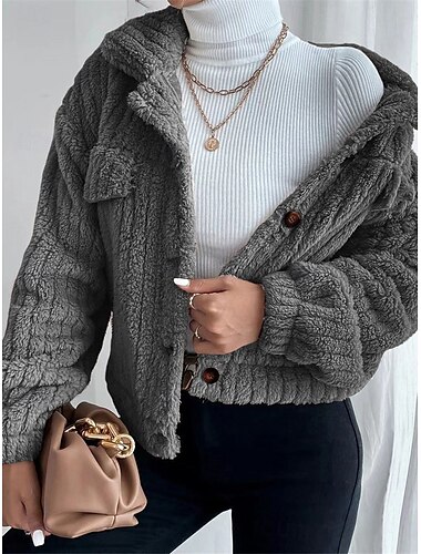  Damen Fleecejacke Teddy-Mantel warm halten Atmungsaktiv Tasche Innenfutter aus Fleece Brautkleider schlicht Glatt Urlaub Strasse Freizeitskleidung Ausgehen Einreihiger Verschluss Kurz Umlegekragen
