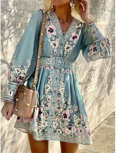  Damen Maxikleid mit Blumenmuster und V-Ausschnitt, lange Ärmel, Frühling/Herbst
