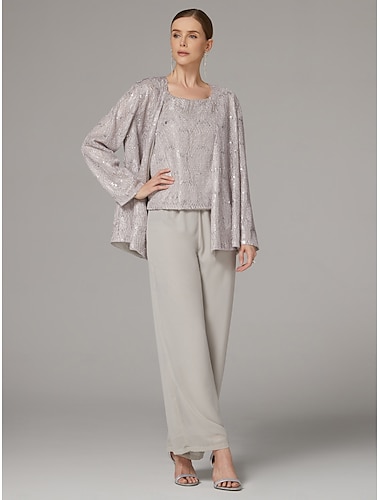  Strandbruiloft 3-delige Pantsuit Moeder van de Bruid Bruiloft Gast Elegante Scoop Hals Vloerlengte Chiffon Kant Mouwloos Wikkel Inclusief met Pailletten 2025
