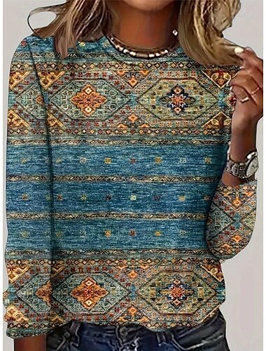  Dames T-shirt Wijnoogst Modieus Modern Casual Lange mouw Strakke ronde hals Normale tops Dagelijks Weekend Afdrukken Zwart blauw Bruin Groen Herfst Winter