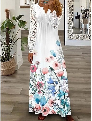  Dames Maxi-jurk Kanten jurk Casual jurk A lijn jurk Casual Dagelijks Normale pasvorm Bloemig Lange mouw V-hals Blozend Roze Rood blauw Lente Herfst