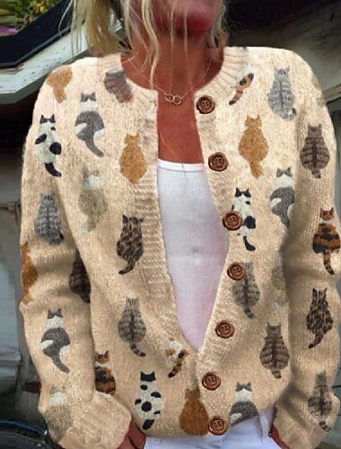  Mujer Pulóveres Diario Graphic Cuello Barco Estampado Manga Larga Tops regulares Tejer Fin de semana Rosa Caqui Otoño Invierno