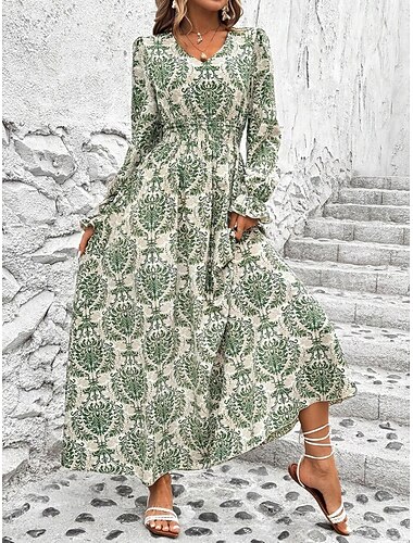  Damen Maxidress Casual kleid Schaukelkleid A Linie Kleid Boho-Kleid Brautkleider schlicht Täglich Regular Fit Blumen Langarm V Ausschnitt Schwarz Weiß Grün Sommer Frühling Herbst