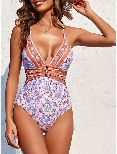  Damen Badeanzug Ein Stück 2 Stück Monokini Bademode Rückenfrei Bauchkontrolle Hohe Taillenlinie Schlank Urlaub Strandbekleidung Blumen V Ausschnitt Ärmellos Badeanzüge