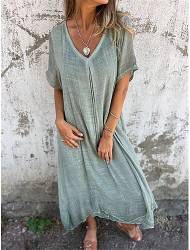  Damen Maxikleid Leinen-inspirierte Kleider Freizeitkleid Einfarbiges Kleid Lässig Sport & Outdoor Straße Normale Passform Einfach Kurzarm V Ausschnitt Rosa Blau Grün Sommer