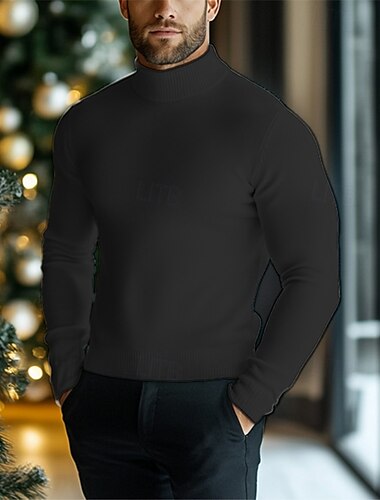  Men's Pullover Sweater Jumper Knit Sweater Ribbed Knit Regular Knitted Plain Turtleneck Fashion Casual Daily Wear Date Clothing Apparel Fall & Winter Black White S M L